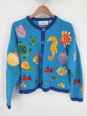 Design Options Vintage Sea Creature Cardigan Sweater, Sz M